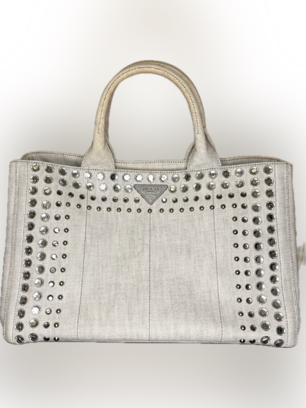 Prada Canapa Rare Prada Bianca Denim Studded Silver Canapa Tote Bag